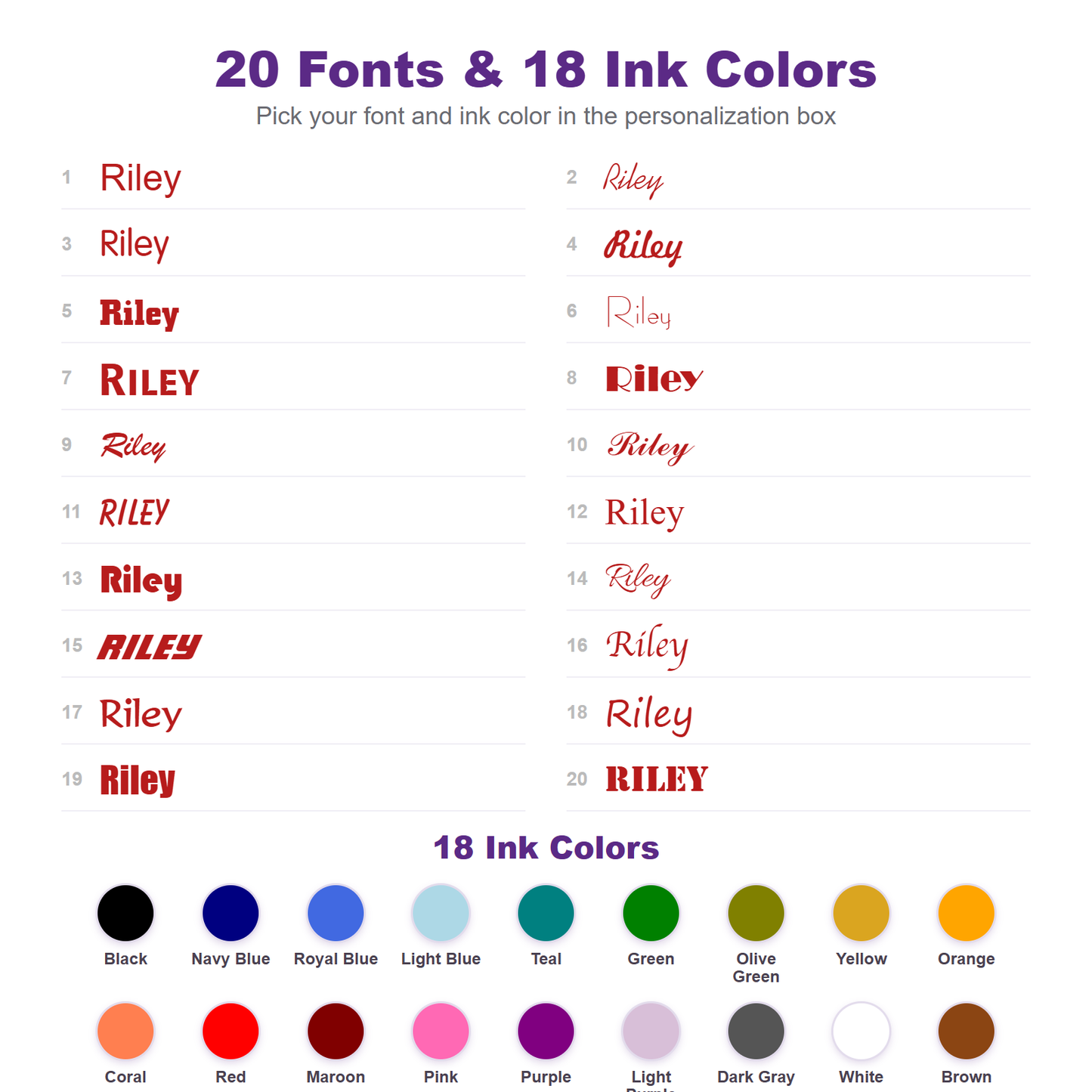 20 fonts and 18 ink colors for personalized kids name labels