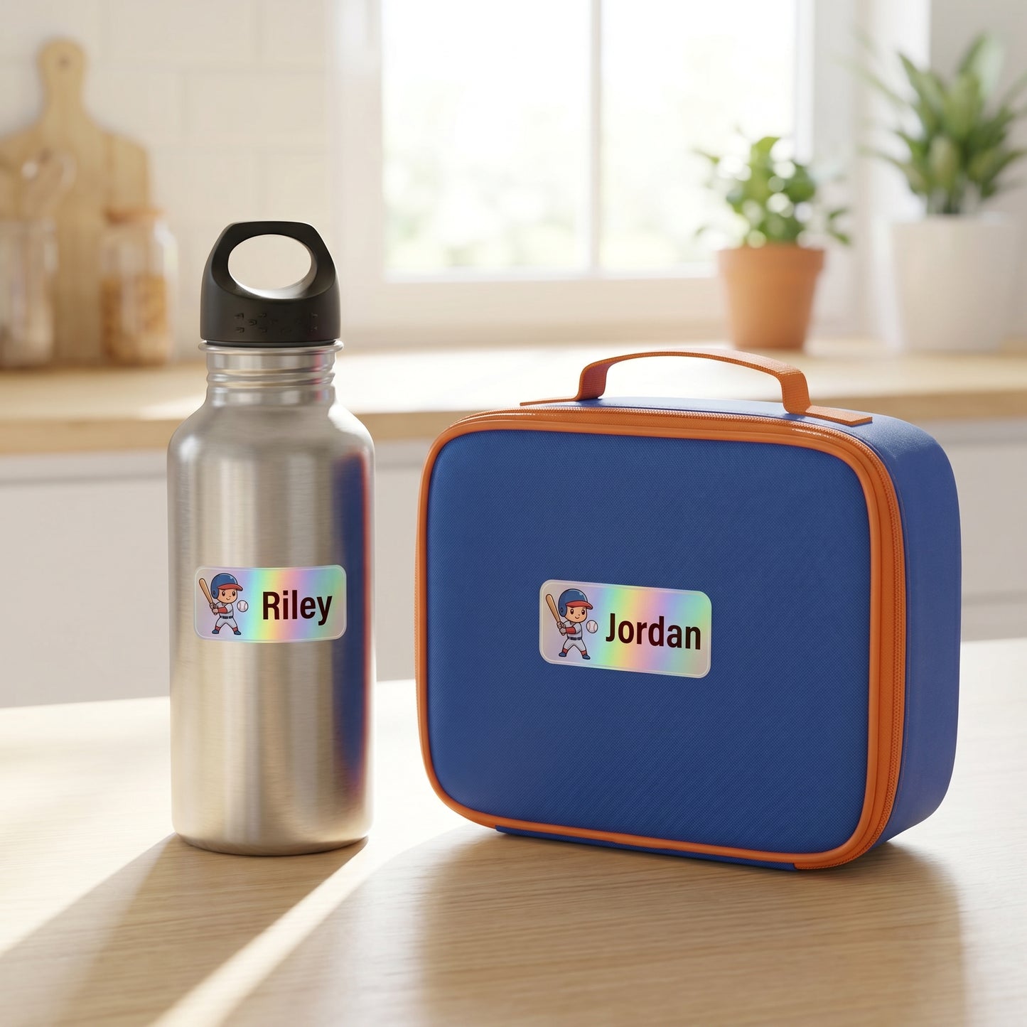 Personalized all-star sports name labels on a kids water bottle and lunchbox