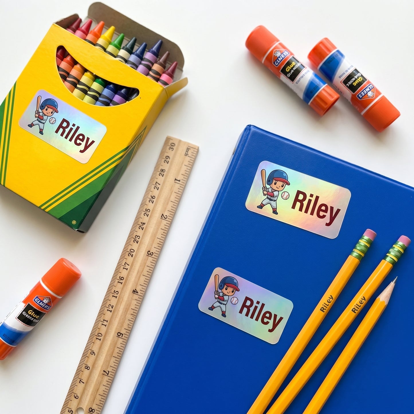 all-star sports name labels on school supplies - crayons, glue, ruler, pencils, binder