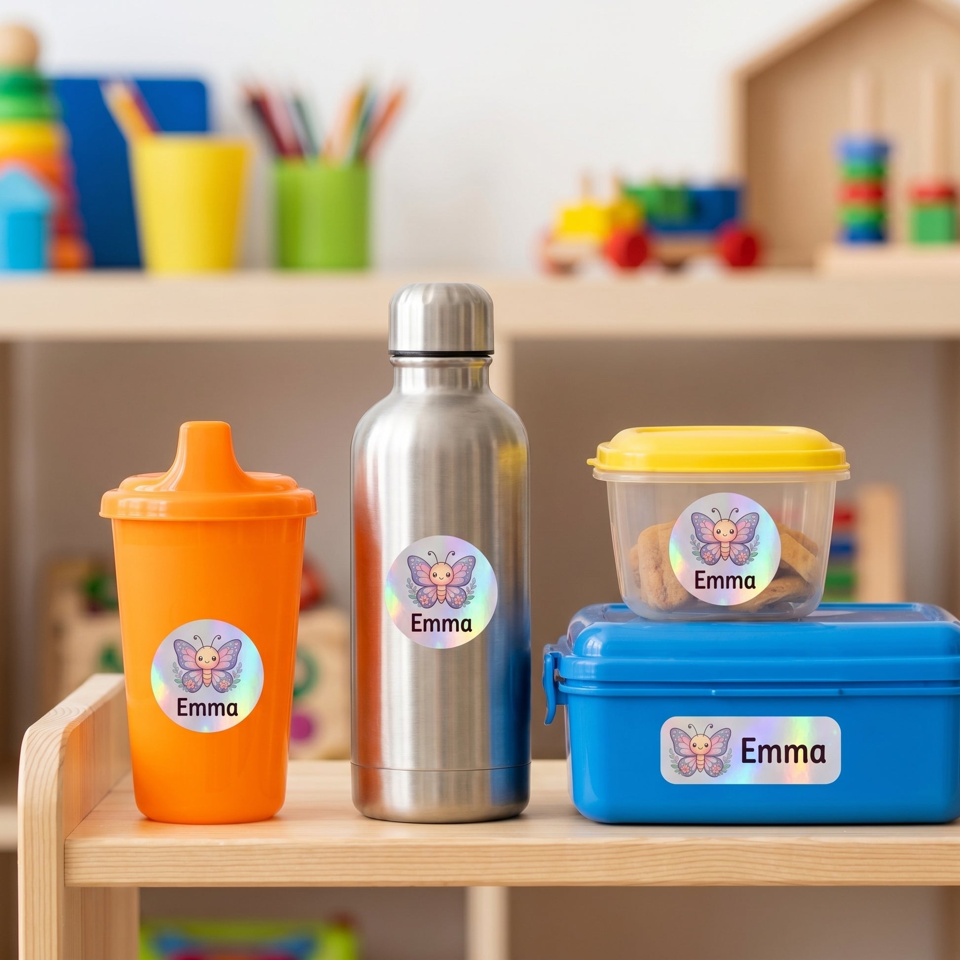 butterfly & floral name labels on daycare items - sippy cup, bottle, snack container, lunchbox