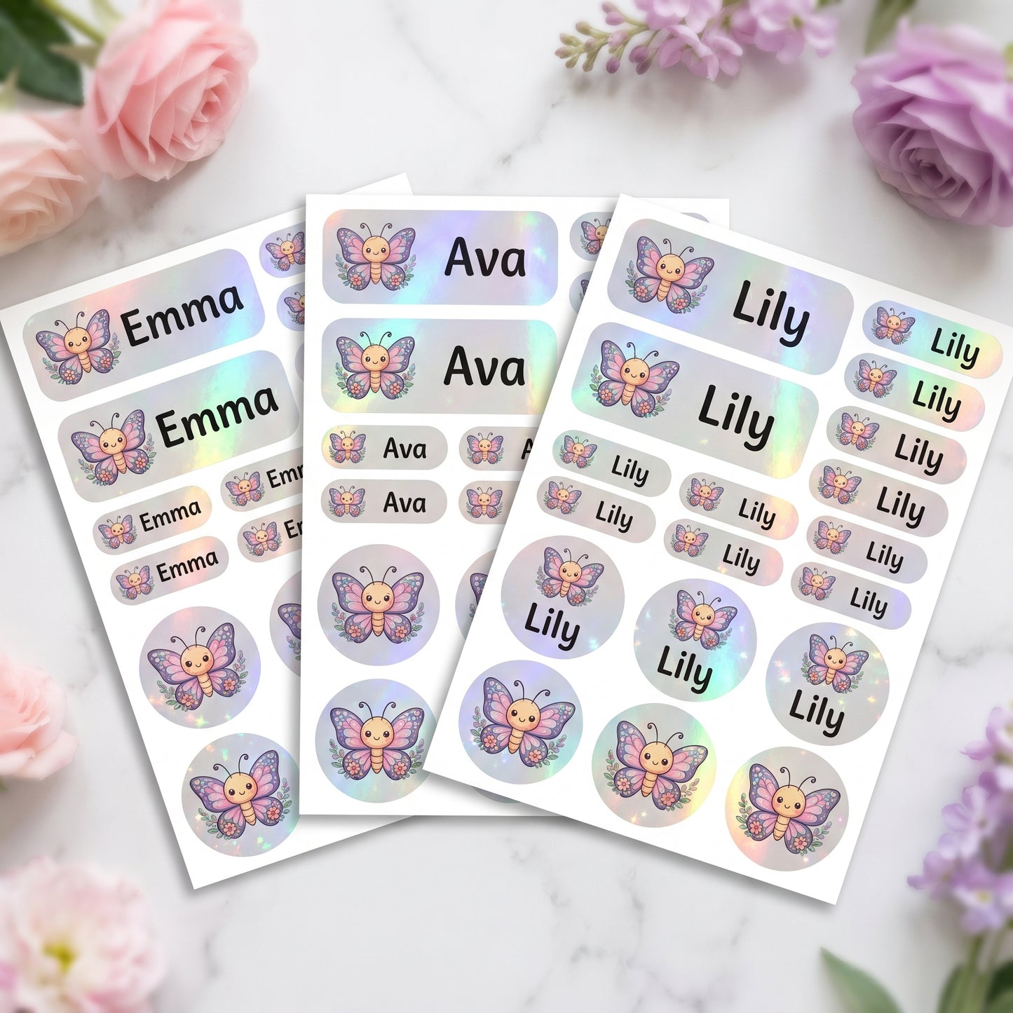 Holographic butterfly & floral name labels combo sheets - waterproof kids name stickers