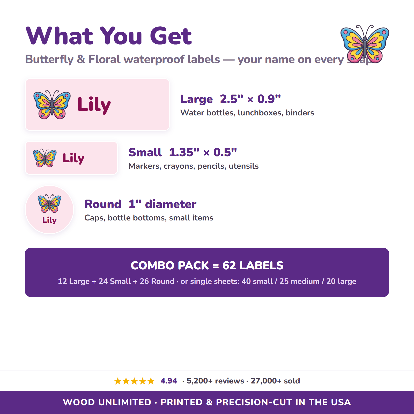 Butterfly & Floral name label sizes and 62-label combo pack contents