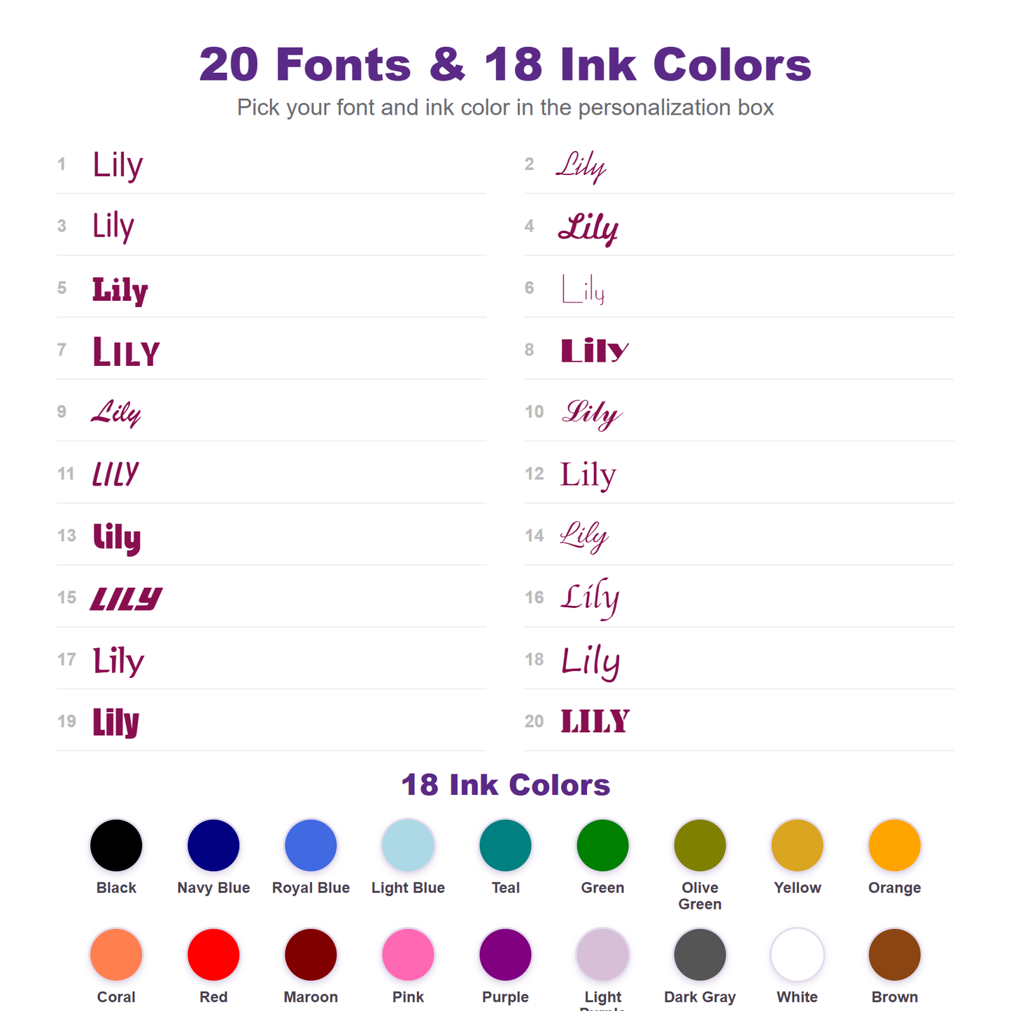 20 fonts and 18 ink colors for personalized kids name labels