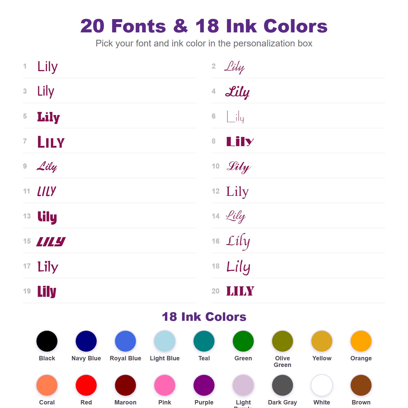 20 fonts and 18 ink colors for personalized kids name labels