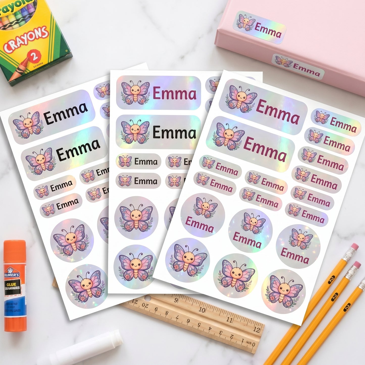butterfly & floral name labels on school supplies - crayons, glue, ruler, pencils, binder