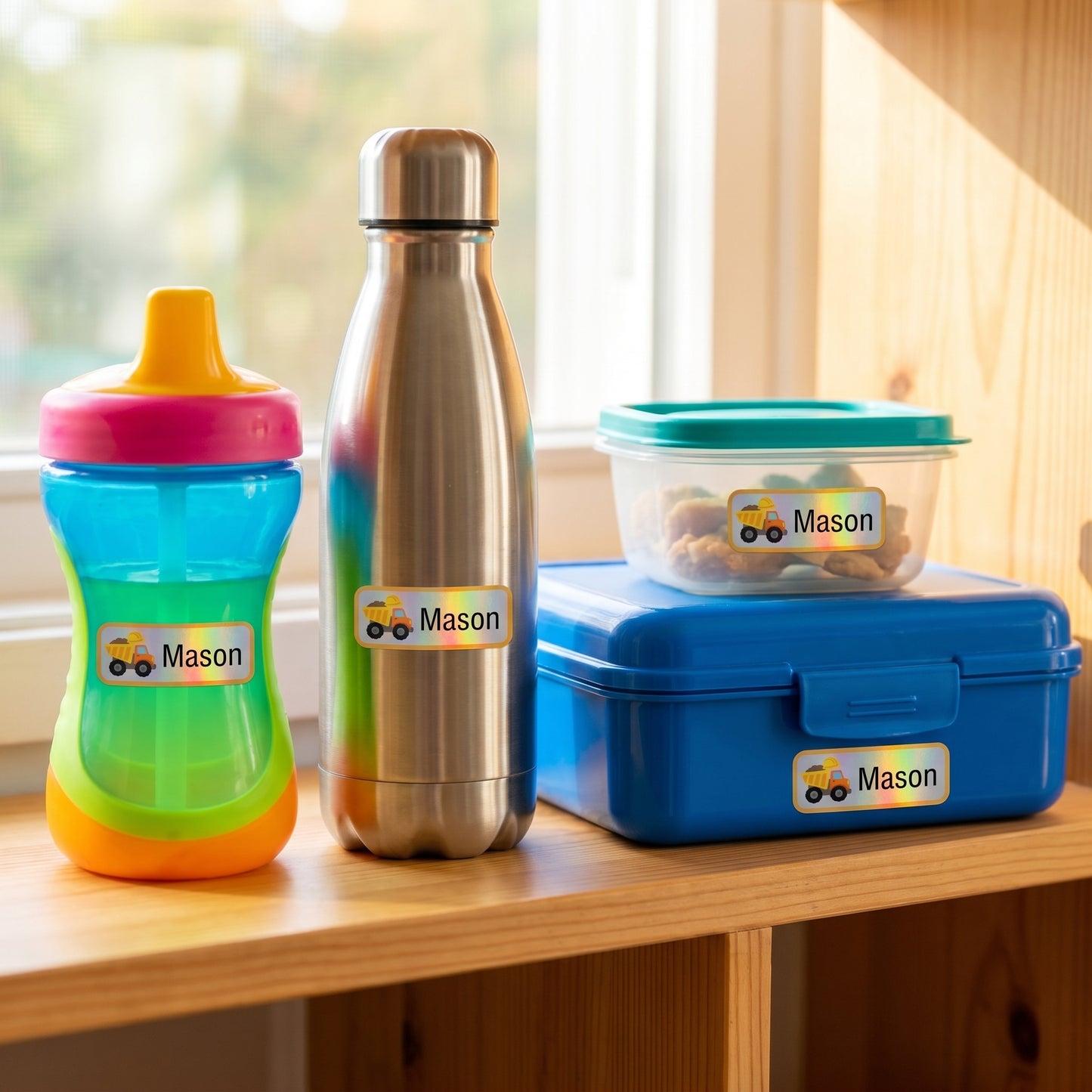 construction name labels on daycare items - sippy cup, bottle, snack container, lunchbox