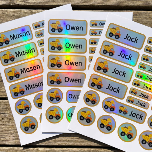 Holographic construction name labels combo sheets - waterproof kids name stickers