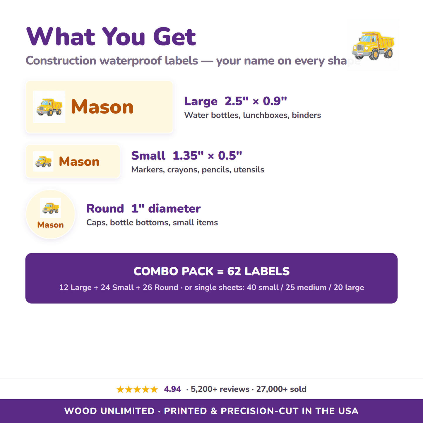 Construction name label sizes and 62-label combo pack contents