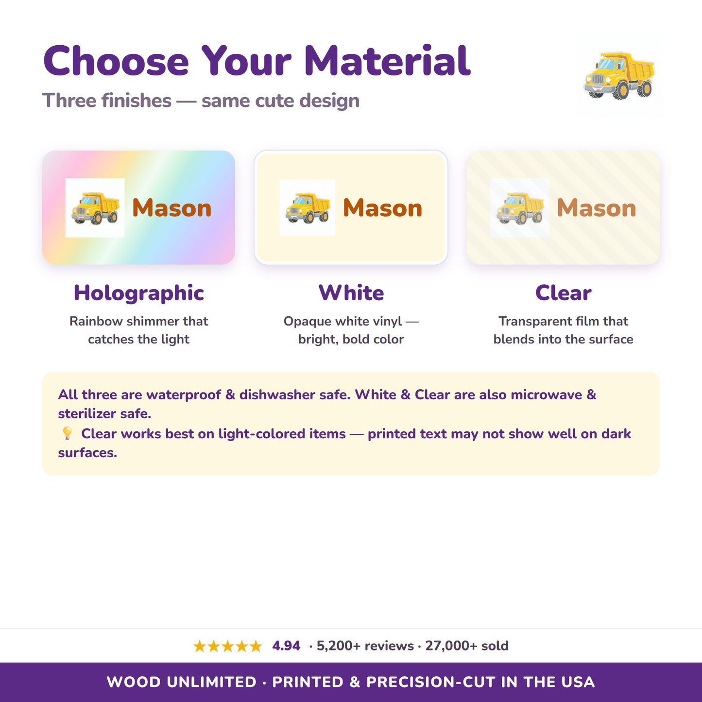 Holographic, white, and clear vinyl name label options