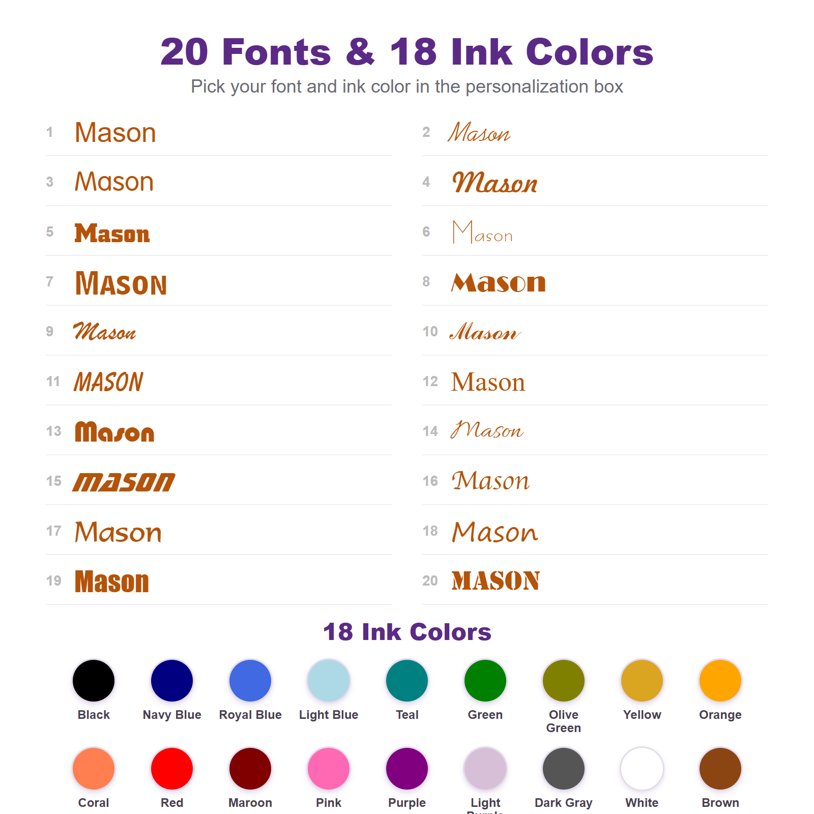 20 fonts and 18 ink colors for personalized kids name labels