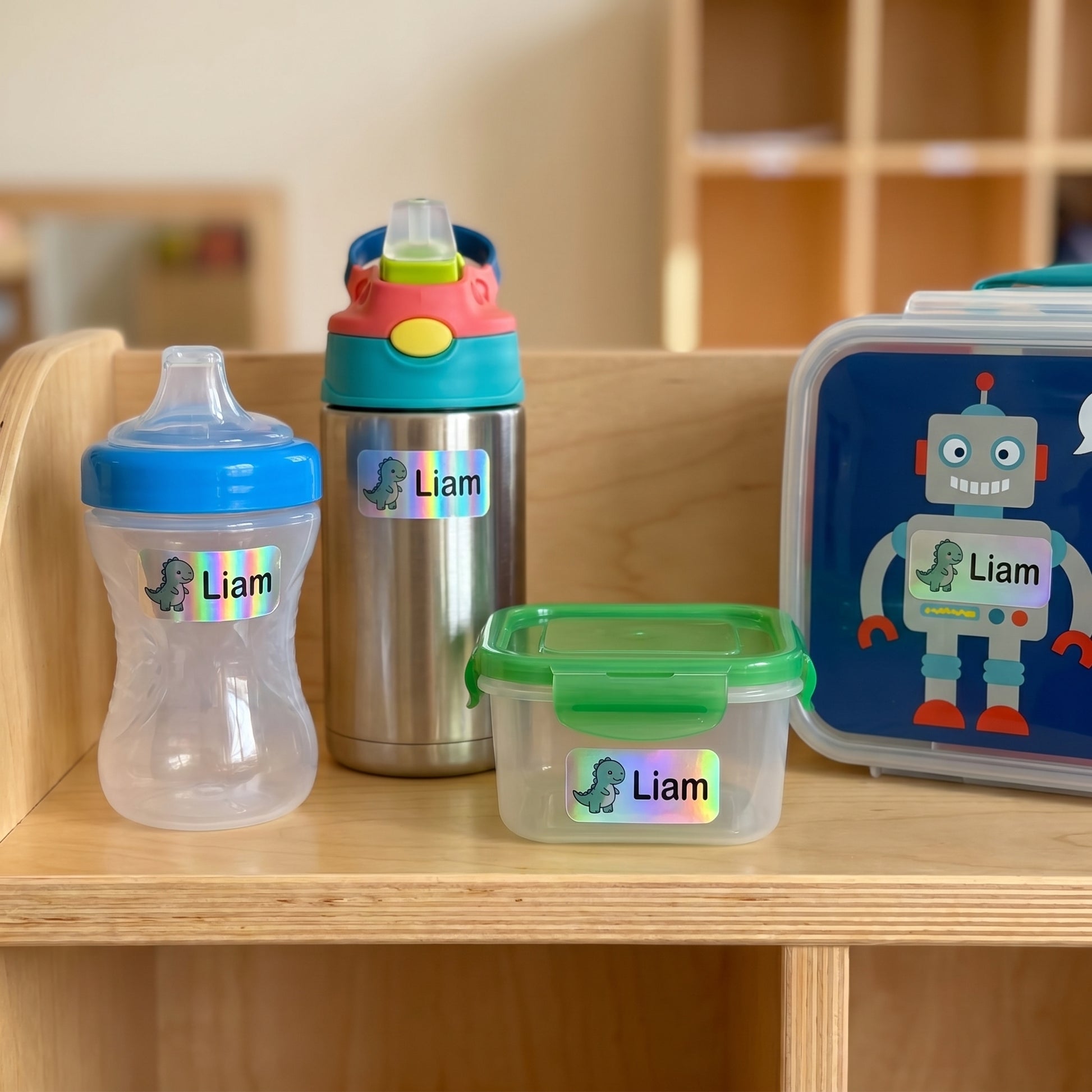 dinosaur name labels on daycare items - sippy cup, bottle, snack container, lunchbox