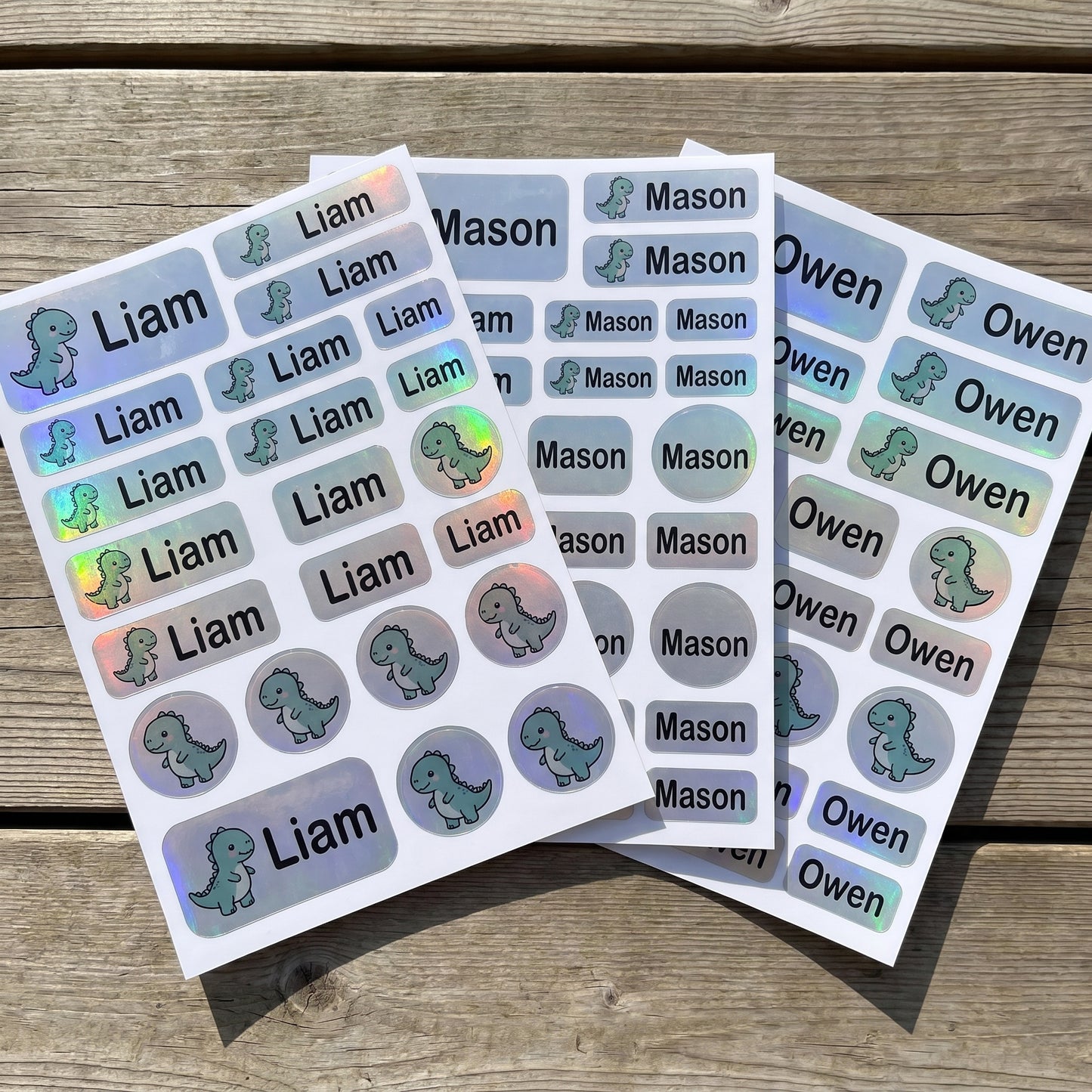 Holographic dinosaur name labels combo sheets - waterproof kids name stickers