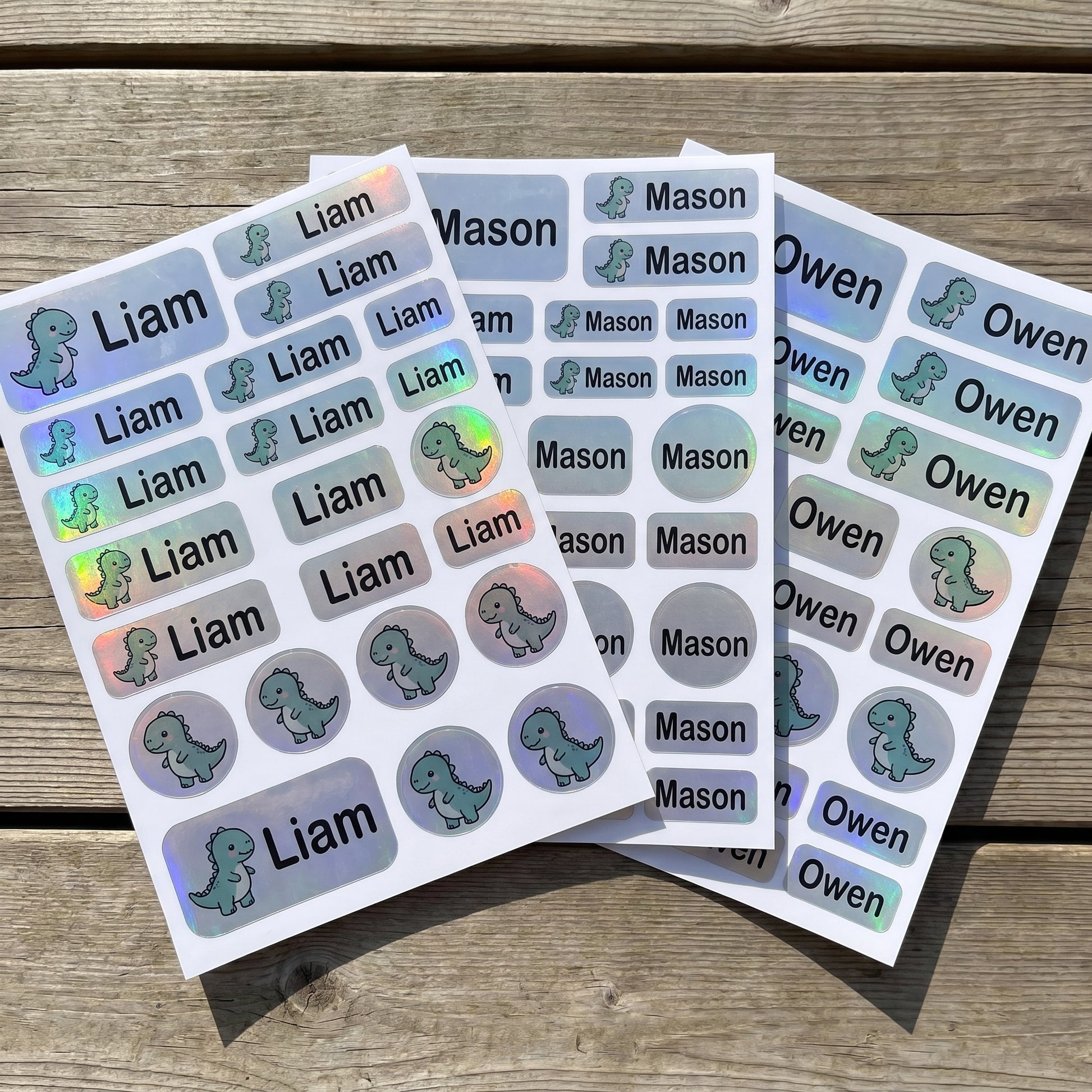 Holographic dinosaur name labels combo sheets - waterproof kids name stickers