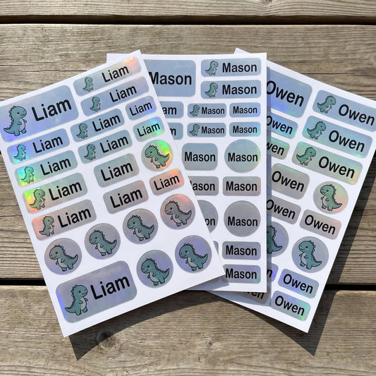Holographic dinosaur name labels combo sheets - waterproof kids name stickers