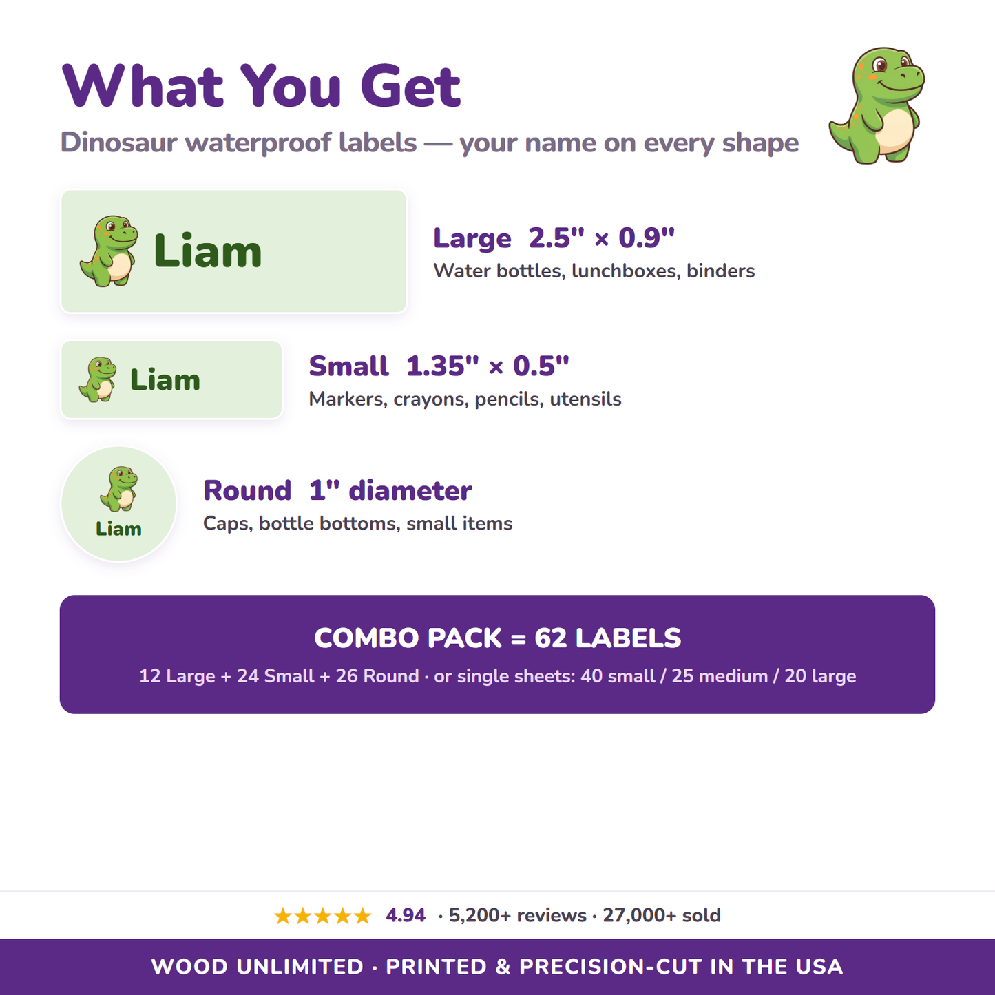 Dinosaur name label sizes and 62-label combo pack contents