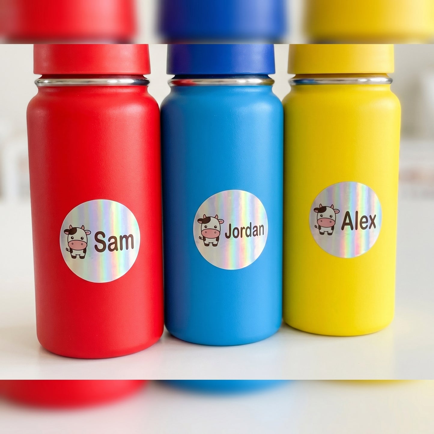 Personalized farm animals name labels on three kids water bottles