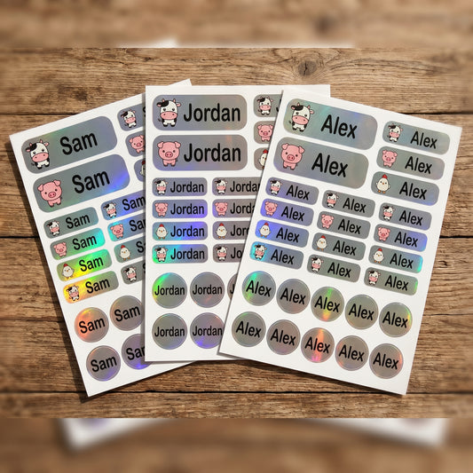 Holographic farm animals name labels combo sheets - waterproof kids name stickers