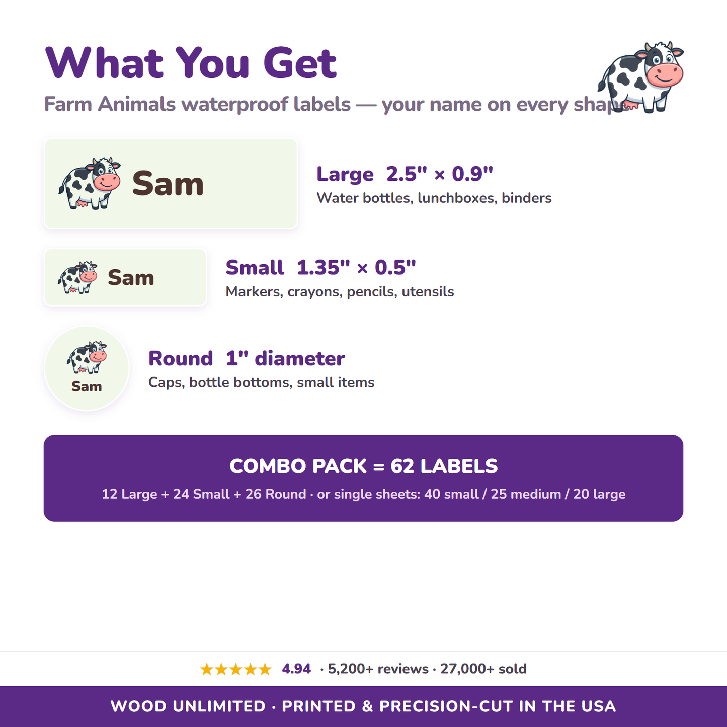 Farm Animals name label sizes and 62-label combo pack contents
