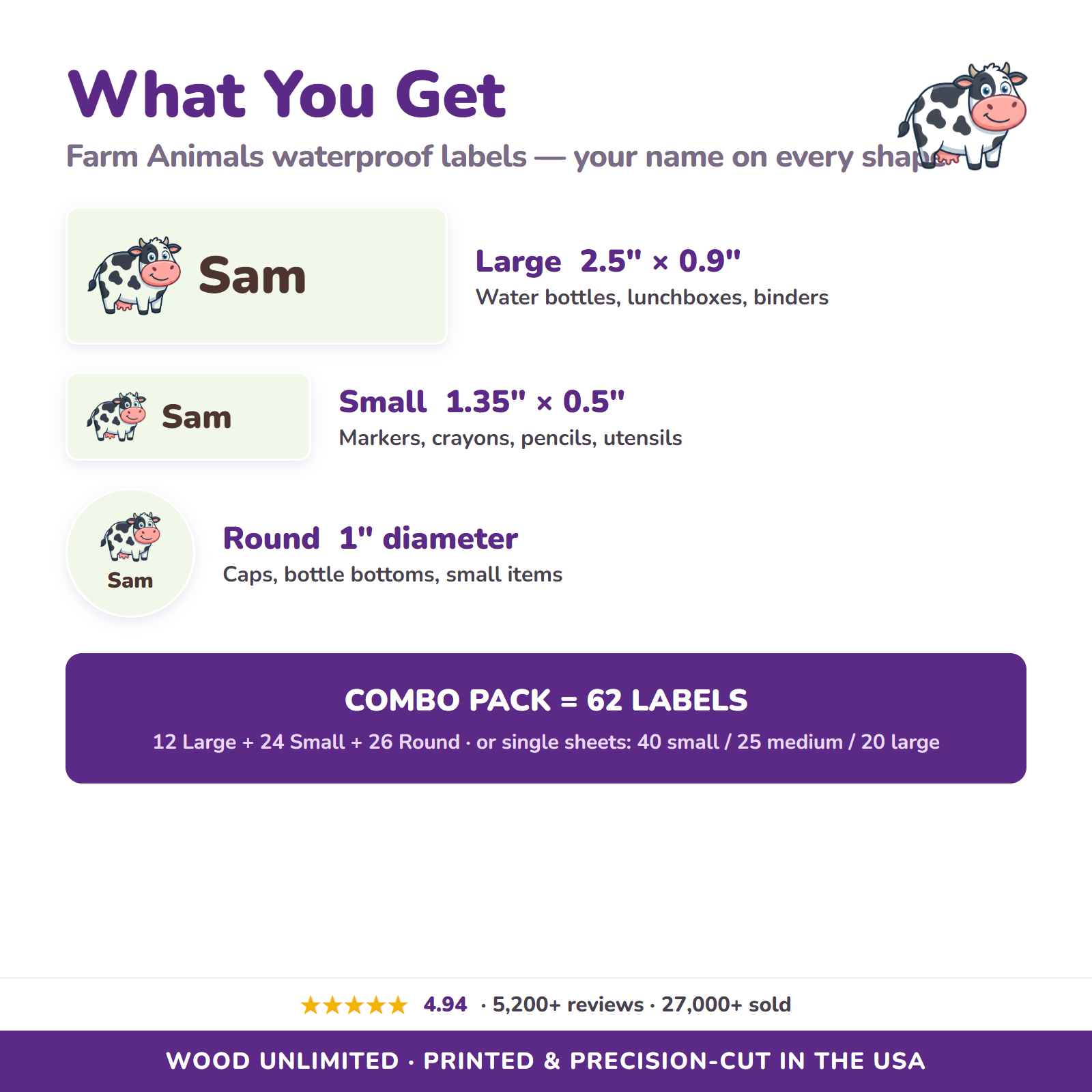 Farm Animals name label sizes and 62-label combo pack contents