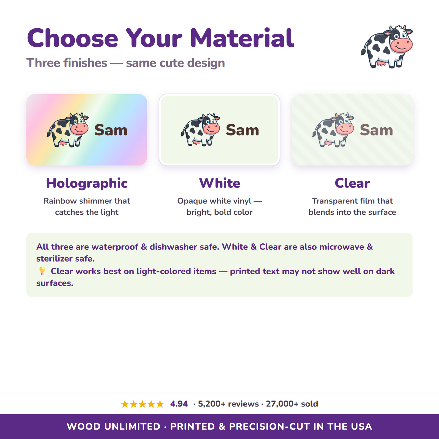 Holographic, white, and clear vinyl name label options