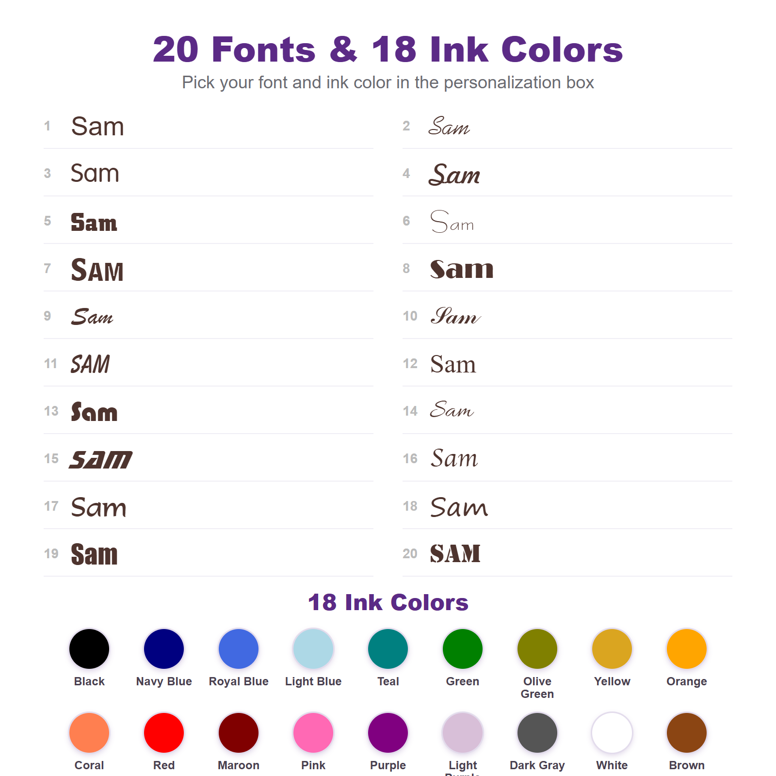 20 fonts and 18 ink colors for personalized kids name labels