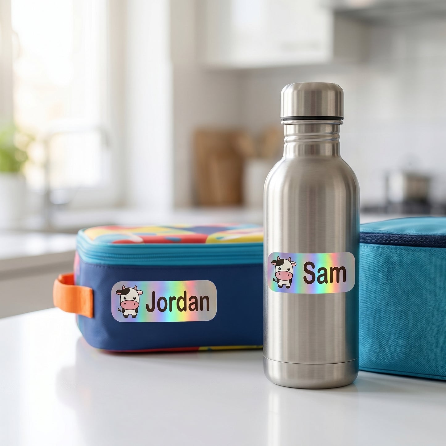 Personalized farm animals name labels on a kids water bottle and lunchbox