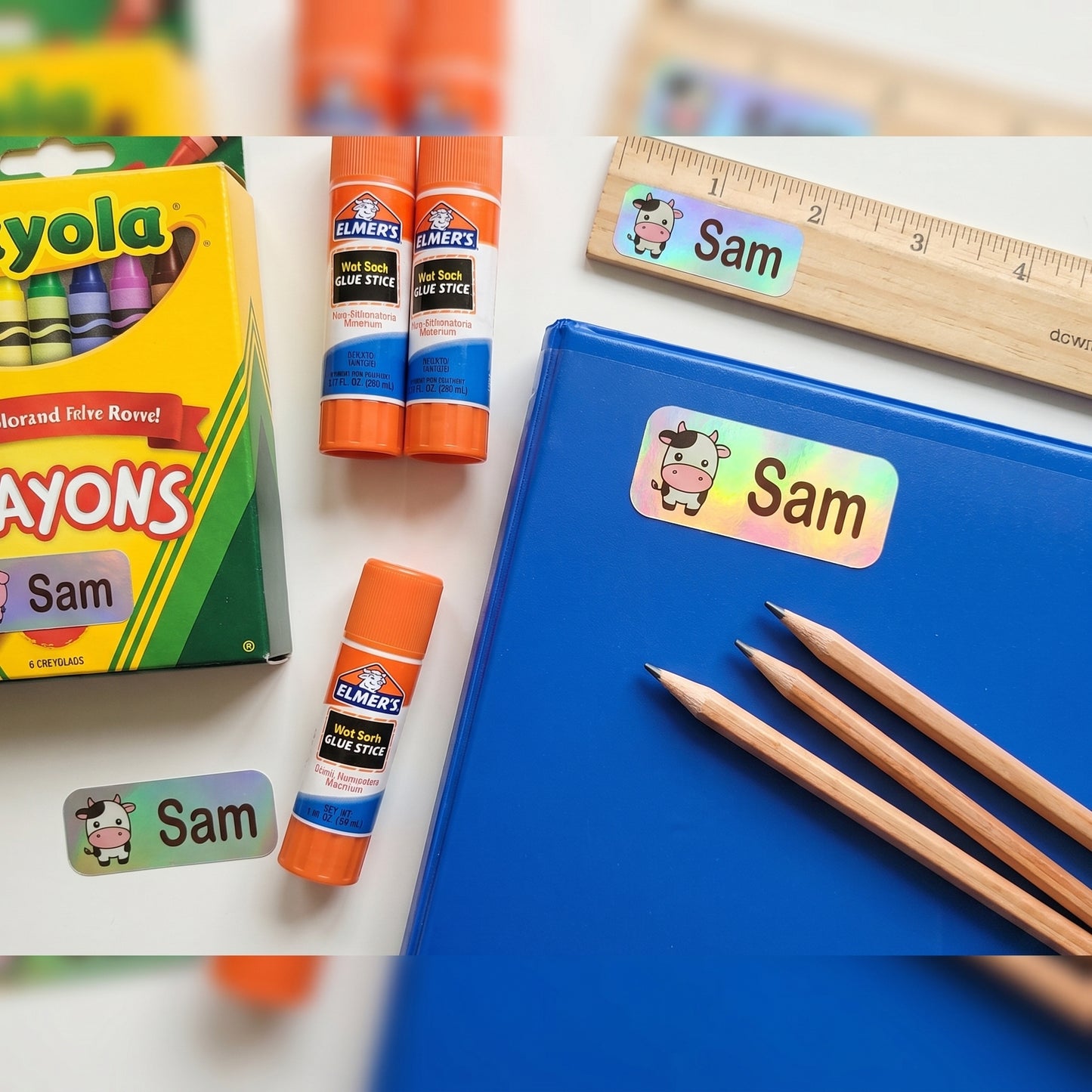 farm animals name labels on school supplies - crayons, glue, ruler, pencils, binder