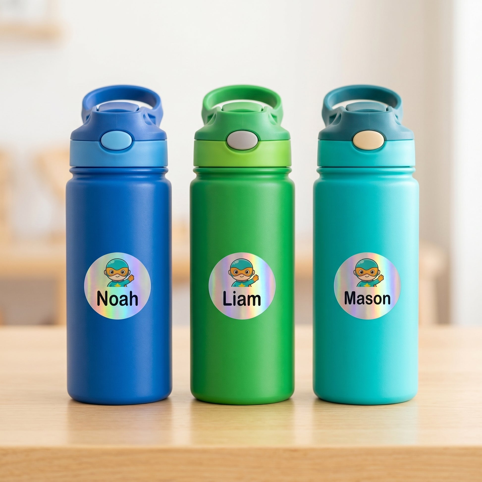 Personalized caped hero name labels on three kids water bottles
