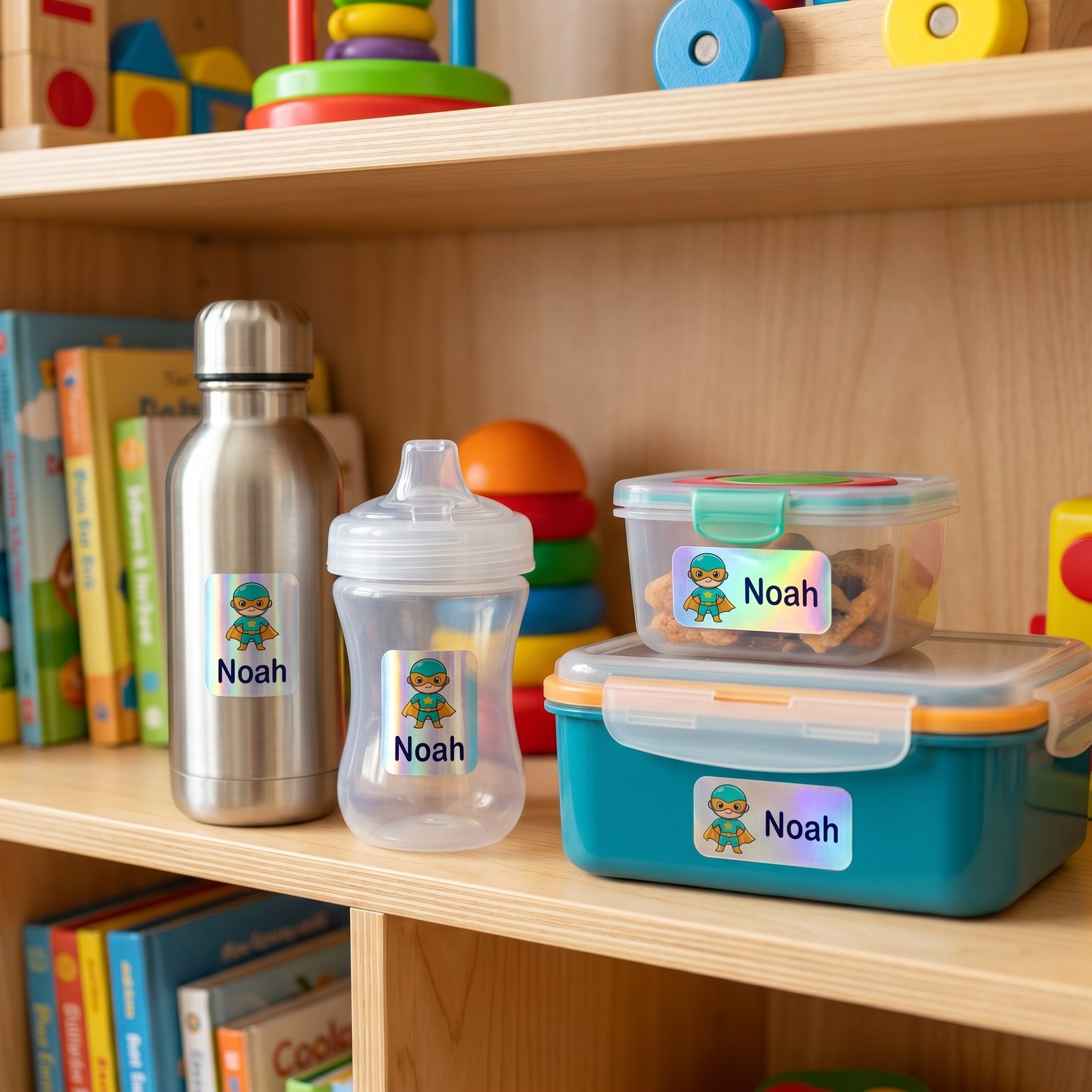 caped hero name labels on daycare items - sippy cup, bottle, snack container, lunchbox