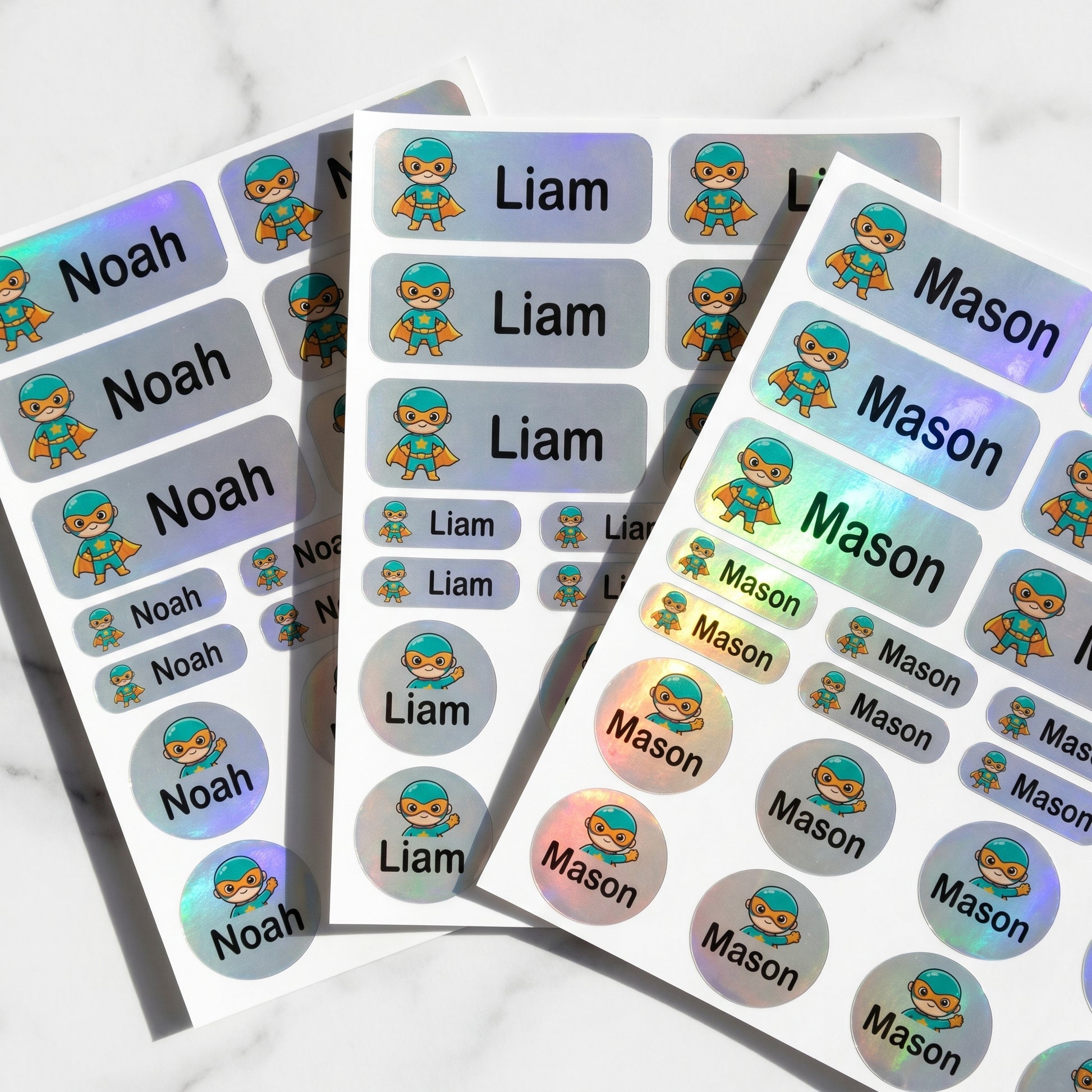 Holographic caped hero name labels combo sheets - waterproof kids name stickers