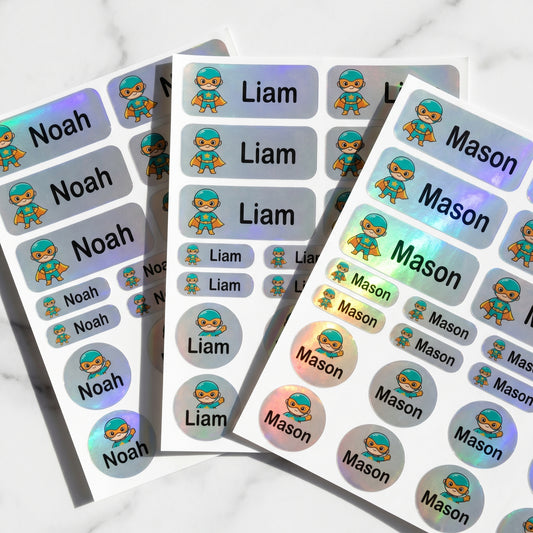 Holographic caped hero name labels combo sheets - waterproof kids name stickers
