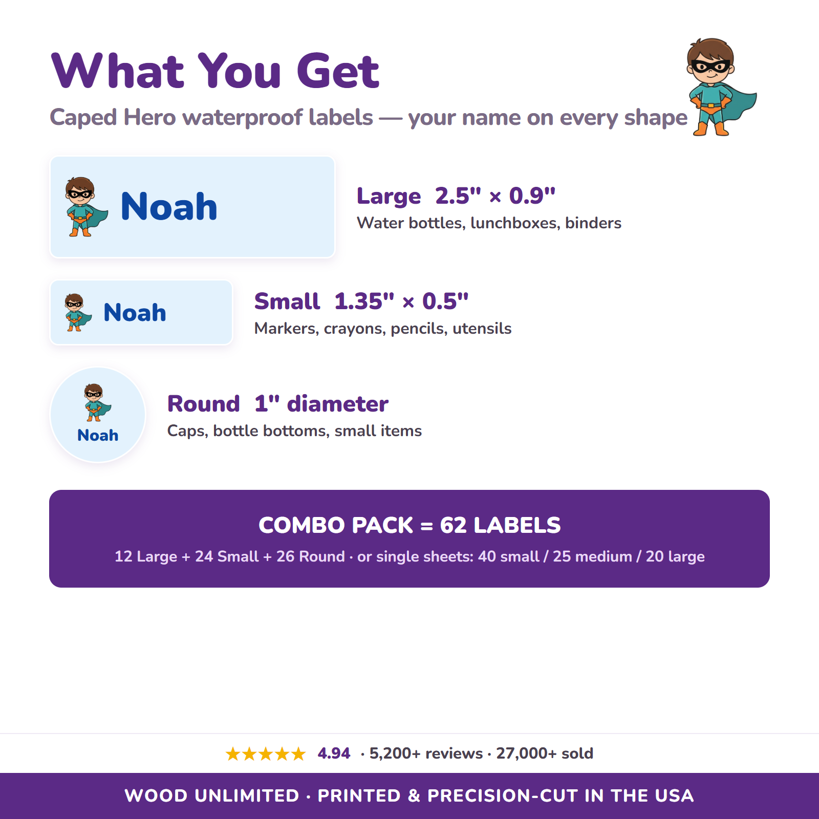 Caped Hero name label sizes and 62-label combo pack contents