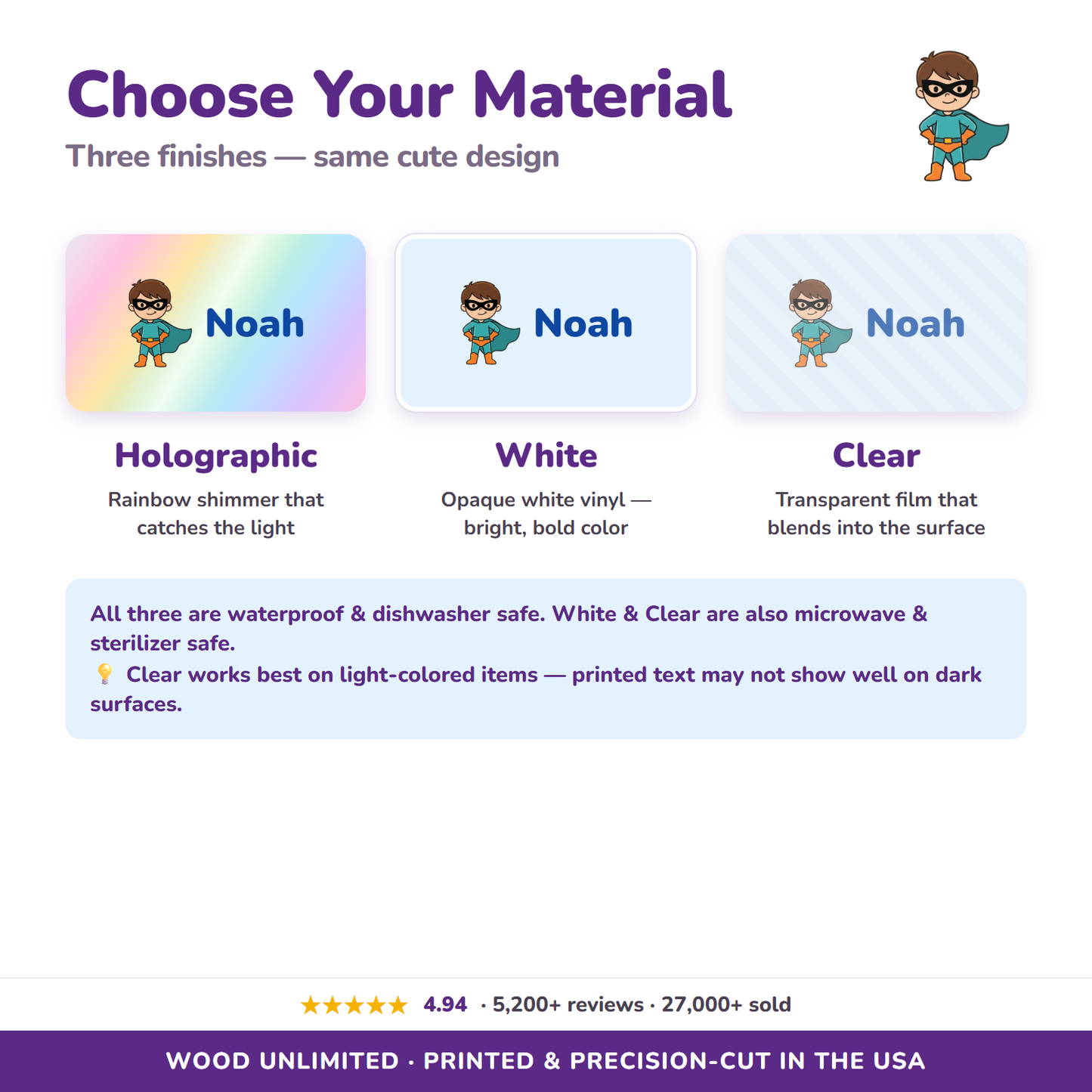 Holographic, white, and clear vinyl name label options