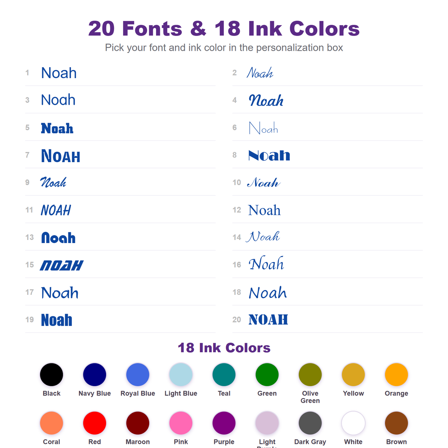 20 fonts and 18 ink colors for personalized kids name labels