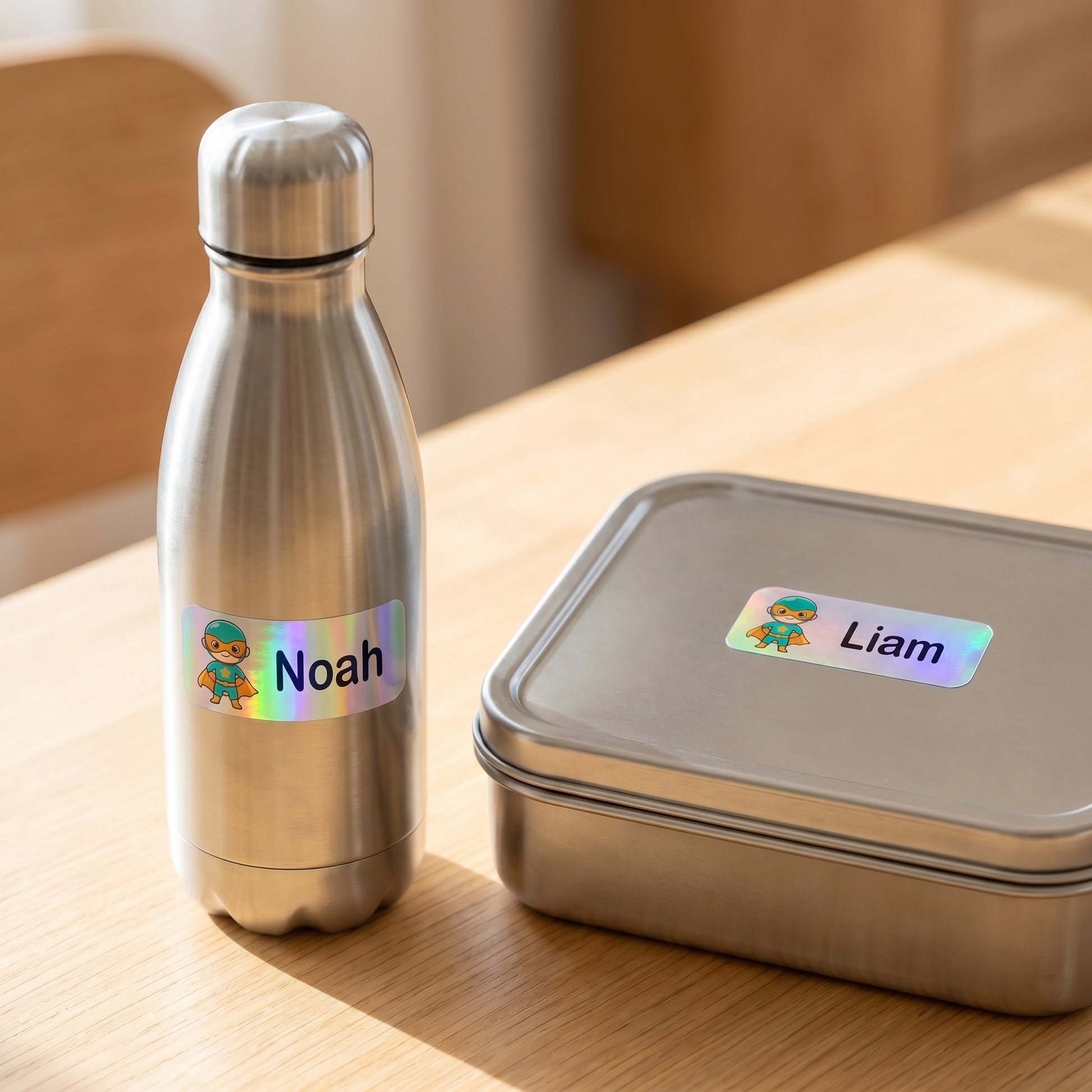 Personalized caped hero name labels on a kids water bottle and lunchbox