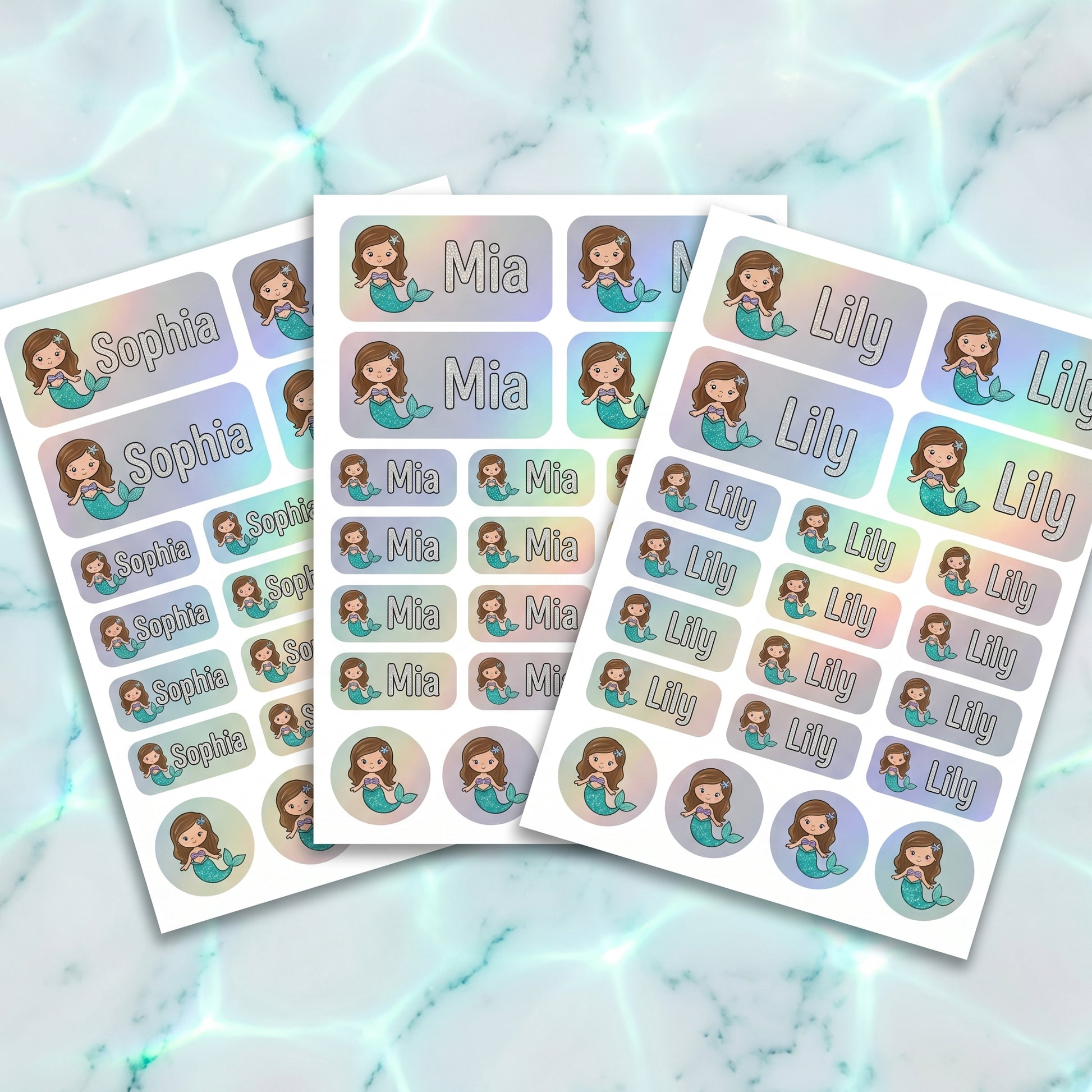 Holographic mermaid name labels combo sheets - waterproof kids name stickers