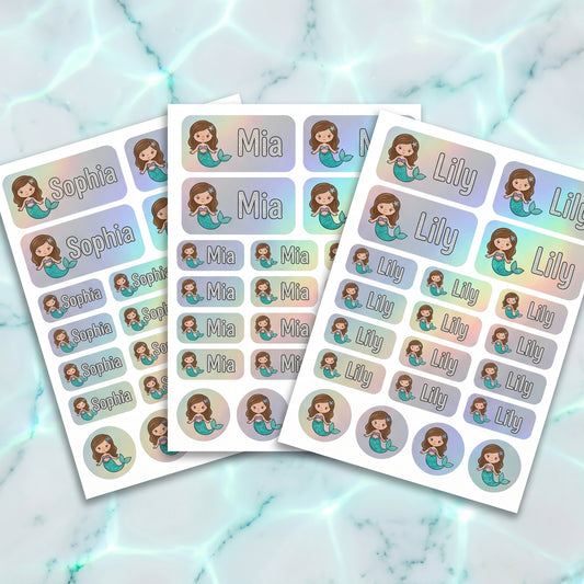 Holographic mermaid name labels combo sheets - waterproof kids name stickers
