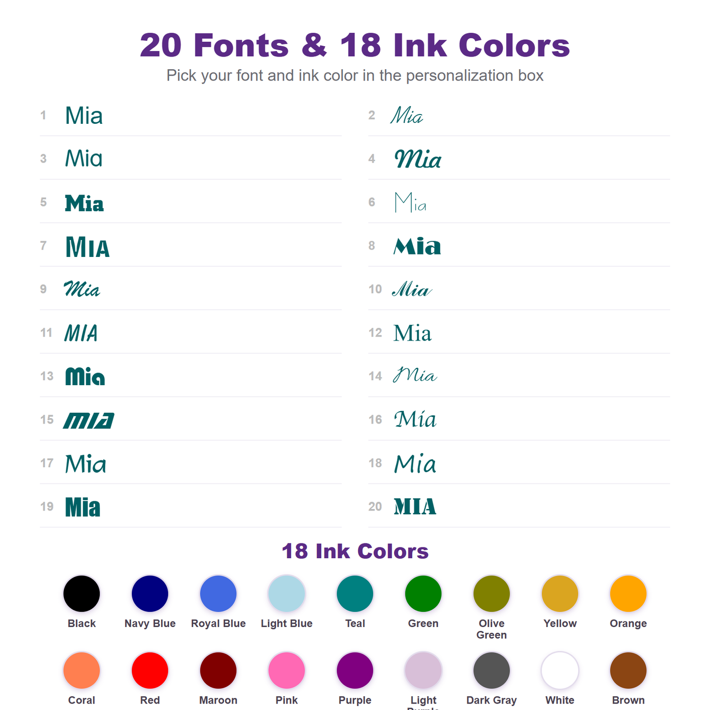 20 fonts and 18 ink colors for personalized kids name labels