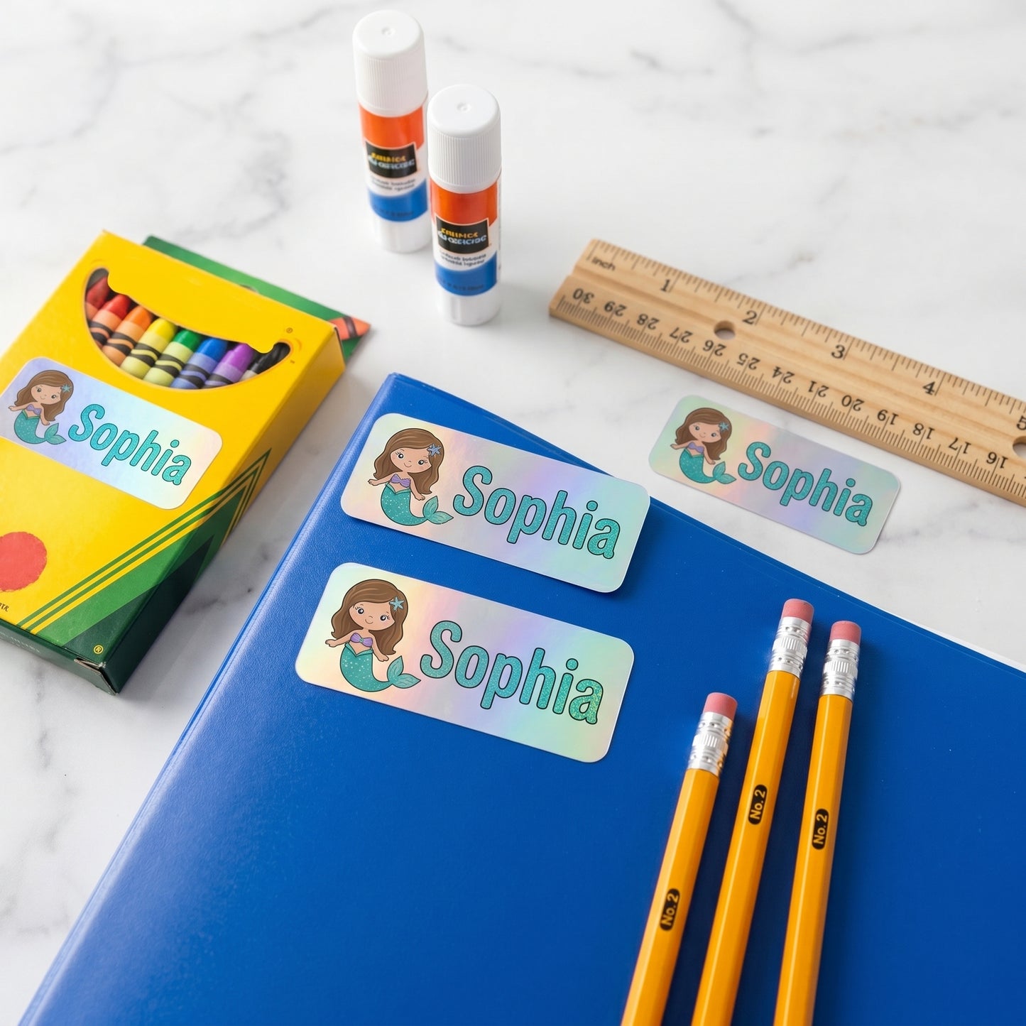 mermaid name labels on school supplies - crayons, glue, ruler, pencils, binder