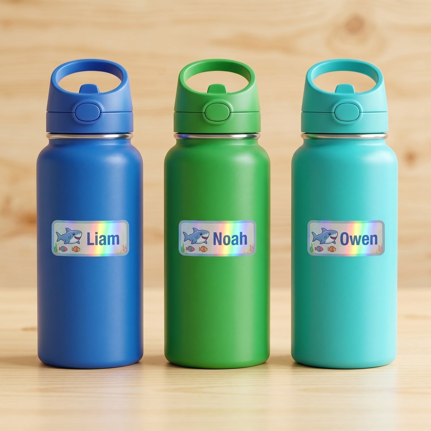Personalized ocean & sharks name labels on three kids water bottles