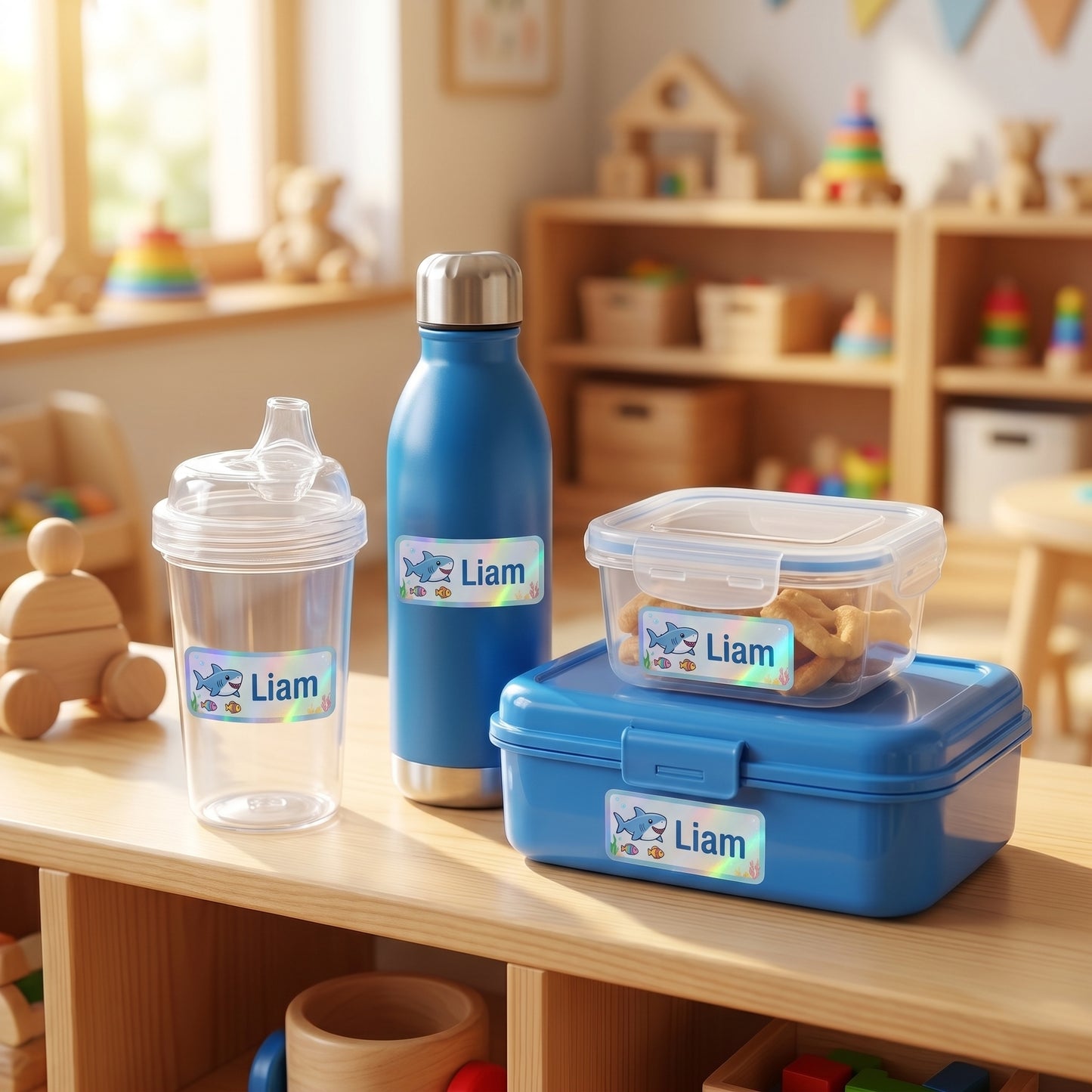 ocean & sharks name labels on daycare items - sippy cup, bottle, snack container, lunchbox
