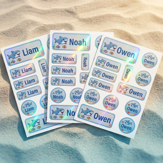 Holographic ocean & sharks name labels combo sheets - waterproof kids name stickers