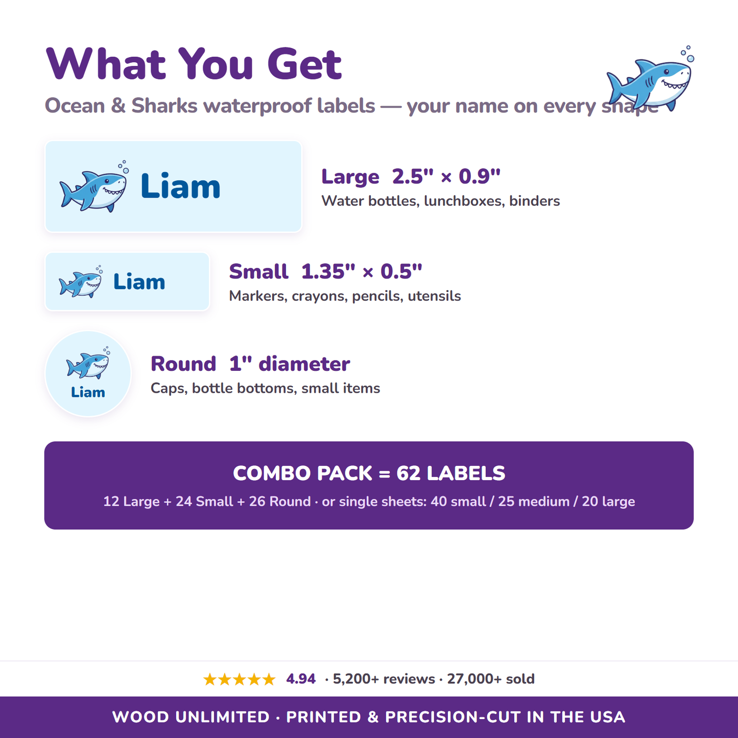 Ocean & Sharks name label sizes and 62-label combo pack contents