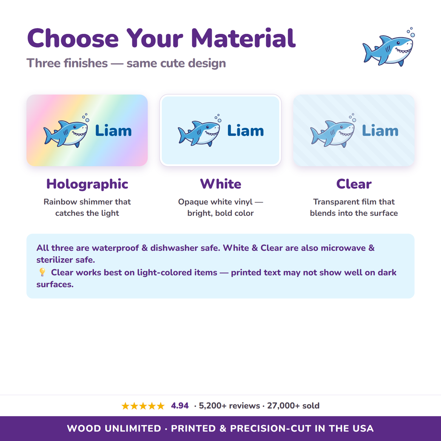 Holographic, white, and clear vinyl name label options