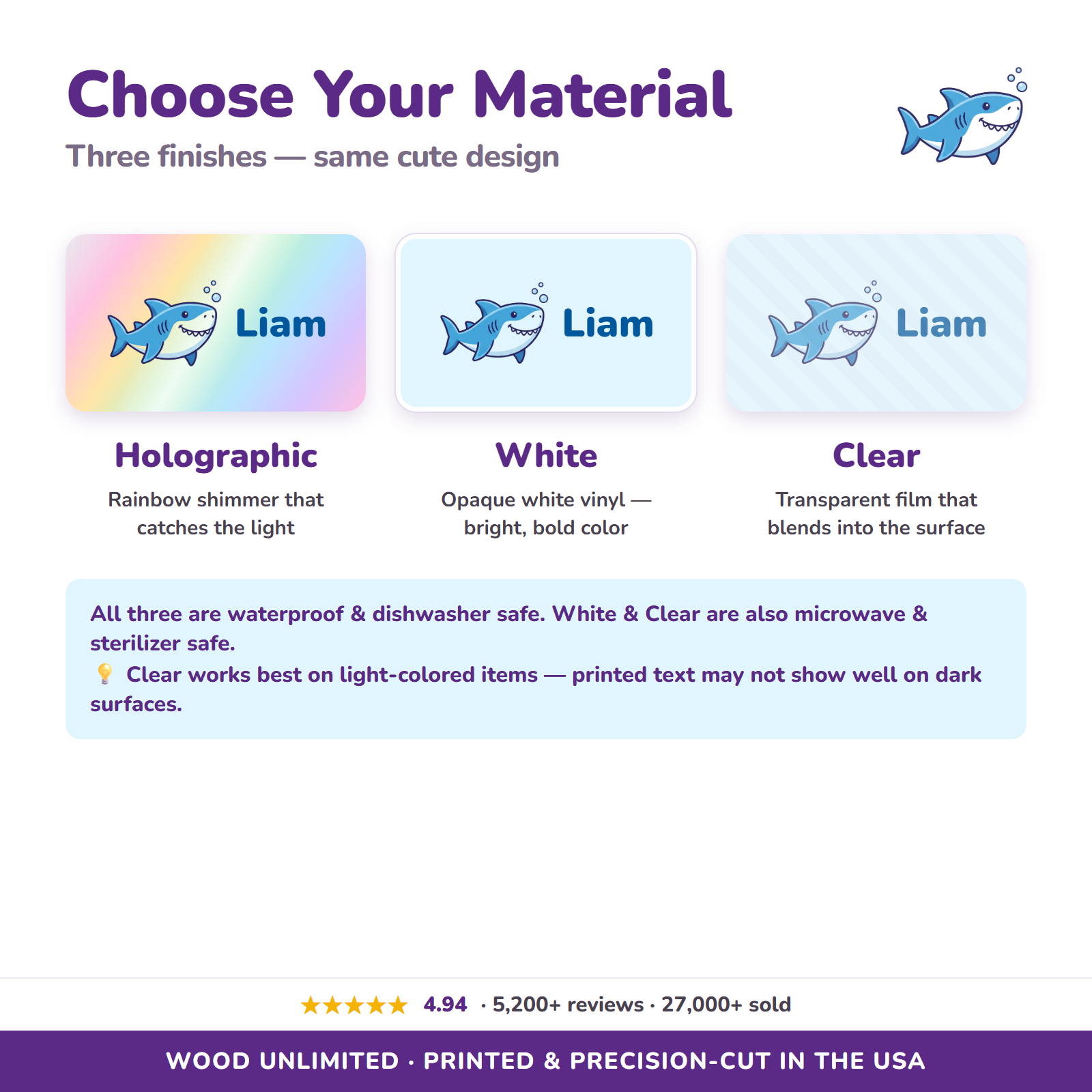 Holographic, white, and clear vinyl name label options