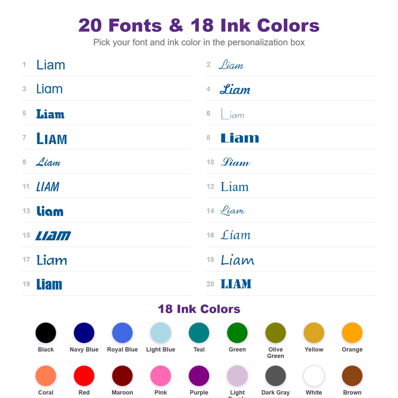 20 fonts and 18 ink colors for personalized kids name labels