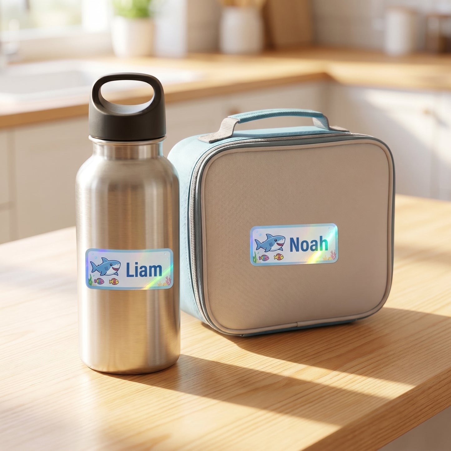 Personalized ocean & sharks name labels on a kids water bottle and lunchbox