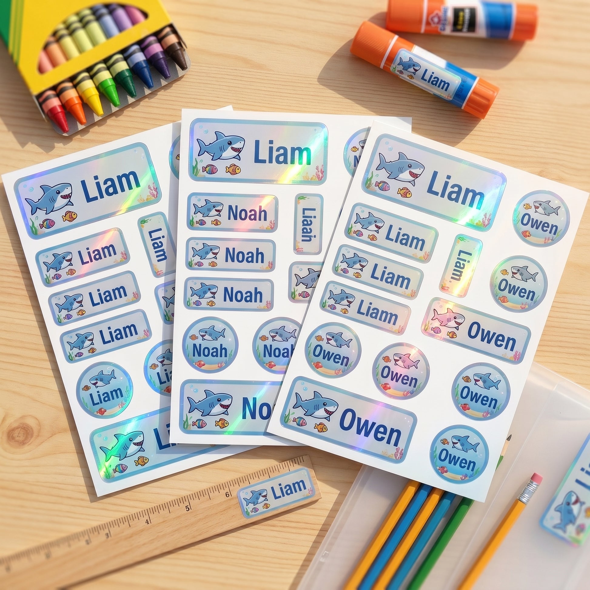 ocean & sharks name labels on school supplies - crayons, glue, ruler, pencils, binder