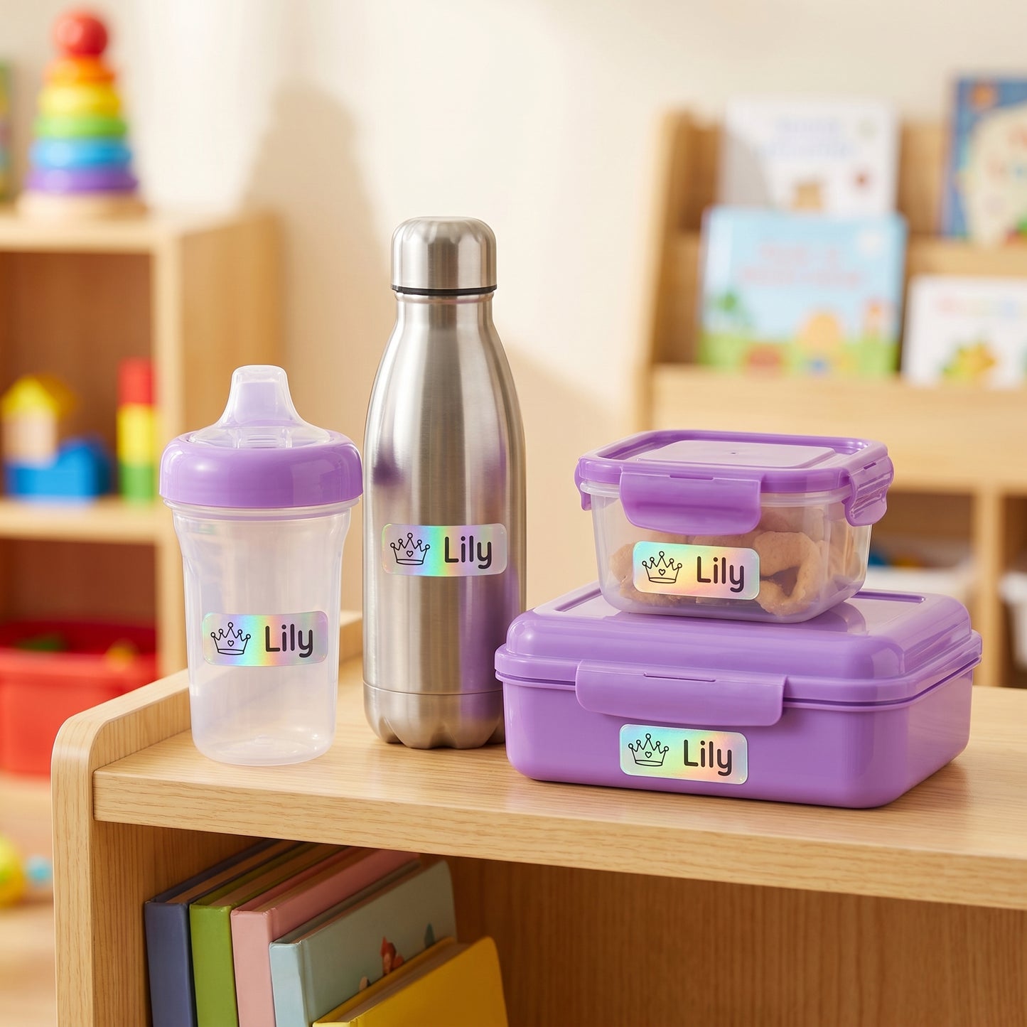 princess & castle name labels on daycare items - sippy cup, bottle, snack container, lunchbox