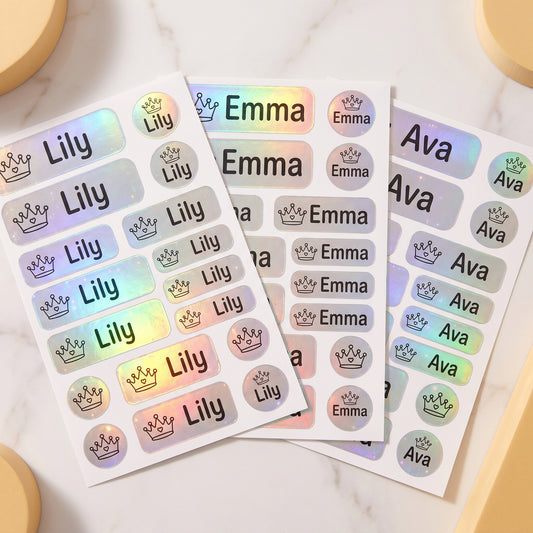 Holographic princess & castle name labels combo sheets - waterproof kids name stickers